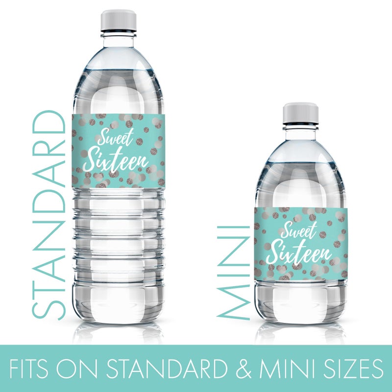 DISTINCTIVS Blue and Silver Sweet 16 Birthday Party Water Bottle Labels, Sweet Sixteen Birthday Stickers for Water Bottles - 20 Count - Image 3